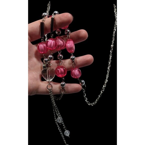 Coquette Heart Pink And Silver Tone Station Necklace With Tassel Accent - Picture 6 of 7